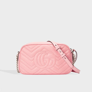Back view of Gucci GG Marmont Camera Bag in Pastel Pink Leather