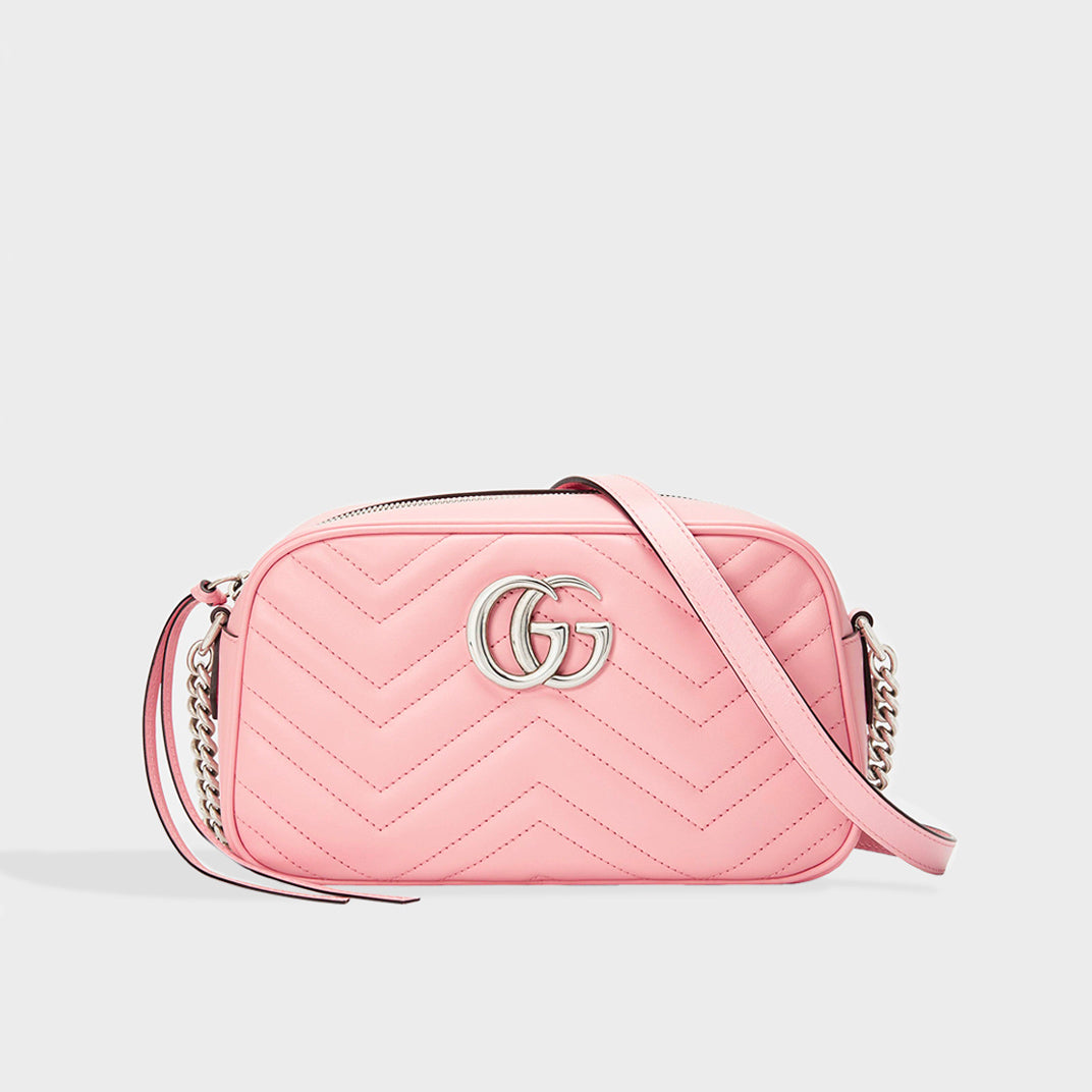 Front view of Gucci GG Marmont Camera Bag in Pastel Pink Leather