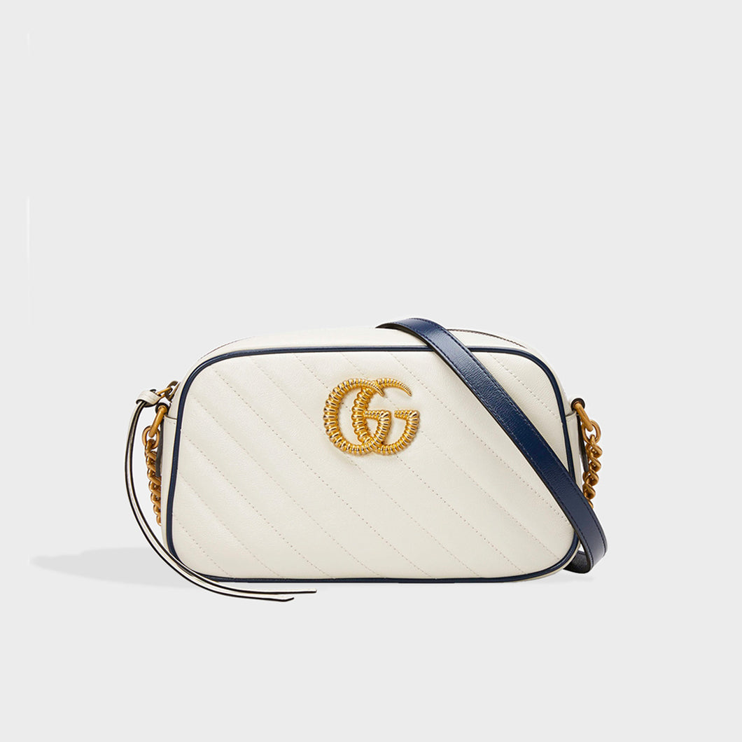 Front view of Gucci GG Marmont Camera Bag in White Leather with Navy Trim