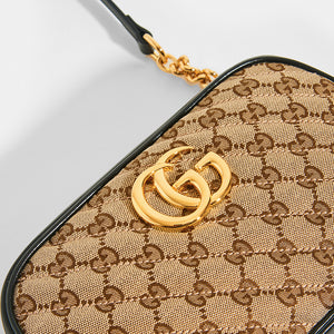 GUCCI GG Marmont Logo Small Shoulder Bag in Canvas and Black Leather - Close Up View