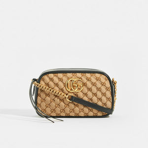 Front view of Gucci GG Marmont Logo Small Shoulder Bag in Canvas and Black leather