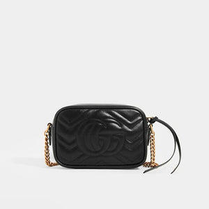 Back view of Gucci GG Marmont Mini Crossbody Bag in Black Matelasse Leather
