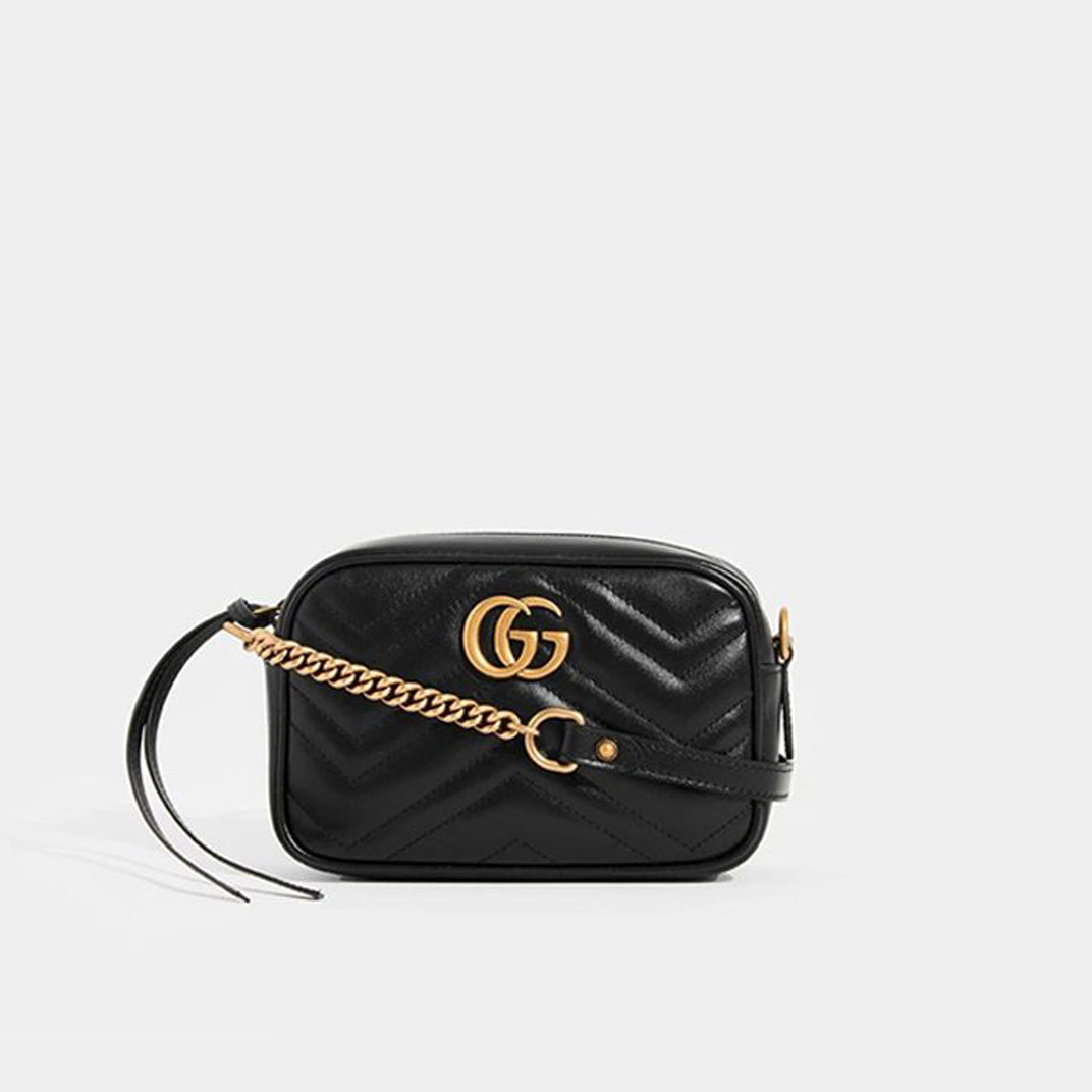 Front view of Gucci GG Marmont Mini Crossbody Bag in Black Matelasse Leather