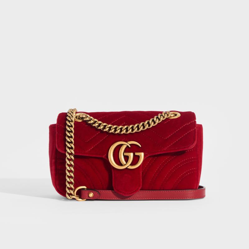 GUCCI GG Marmont Mini Velvet Shoulder Bag in Red