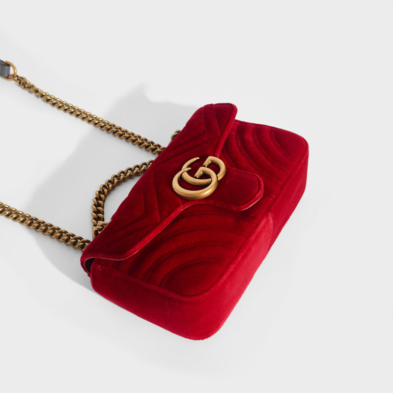 Gucci Red Velvet Matelassé Mini Marmont Shoulder Bag Mini