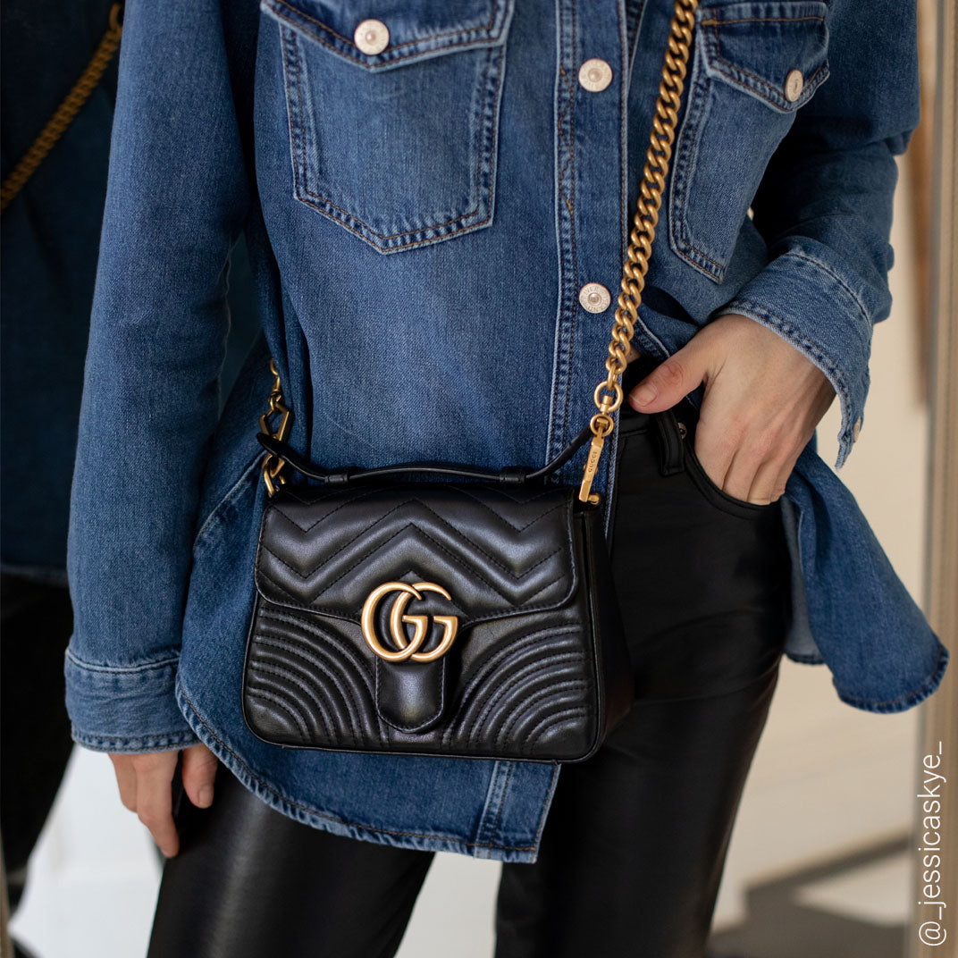 Jessica Skye Stewart wearing the GUCCI GG Marmont Mini Top Handle Bag in Black Quilted Leather. Photo by @_jessicaskye