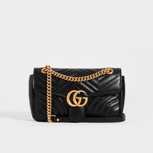 Load image into Gallery viewer, Front view of Gucci GG Marmont Small Shoulder Bag in Black Matelasse Leather with gold chain strap