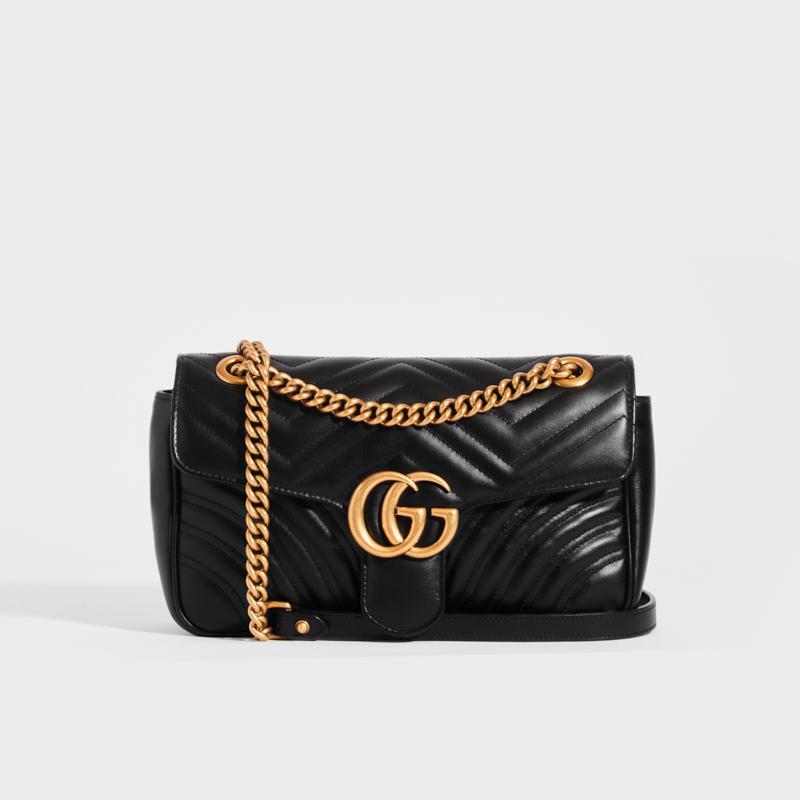 Front view of Gucci GG Marmont Small Shoulder Bag in Black Matelasse Leather with gold chain strap