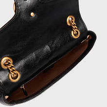 Load image into Gallery viewer, Inside view of Gucci GG Marmont Small Shoulder Bag in Black Matelasse Leather with gold chain strap