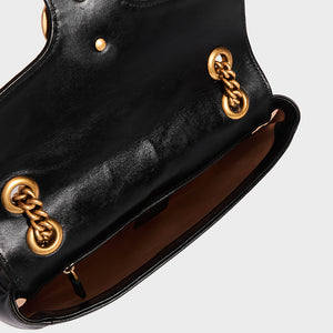 Inside view of Gucci GG Marmont Small Shoulder Bag in Black Matelasse Leather with gold chain strap