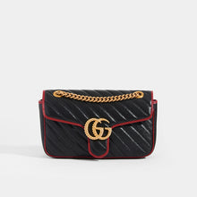 Load image into Gallery viewer, Front view of Gucci Marmont Small Shoulder Bag with Red Trim in Black Chevron Leather