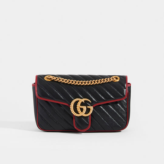 Front view of Gucci Marmont Small Shoulder Bag with Red Trim in Black Chevron Leather