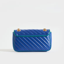 Load image into Gallery viewer, Back view of Gucci GG Marmont Small Shoulder Bag in Blue Leather with Turquoise trim and gold chain strap