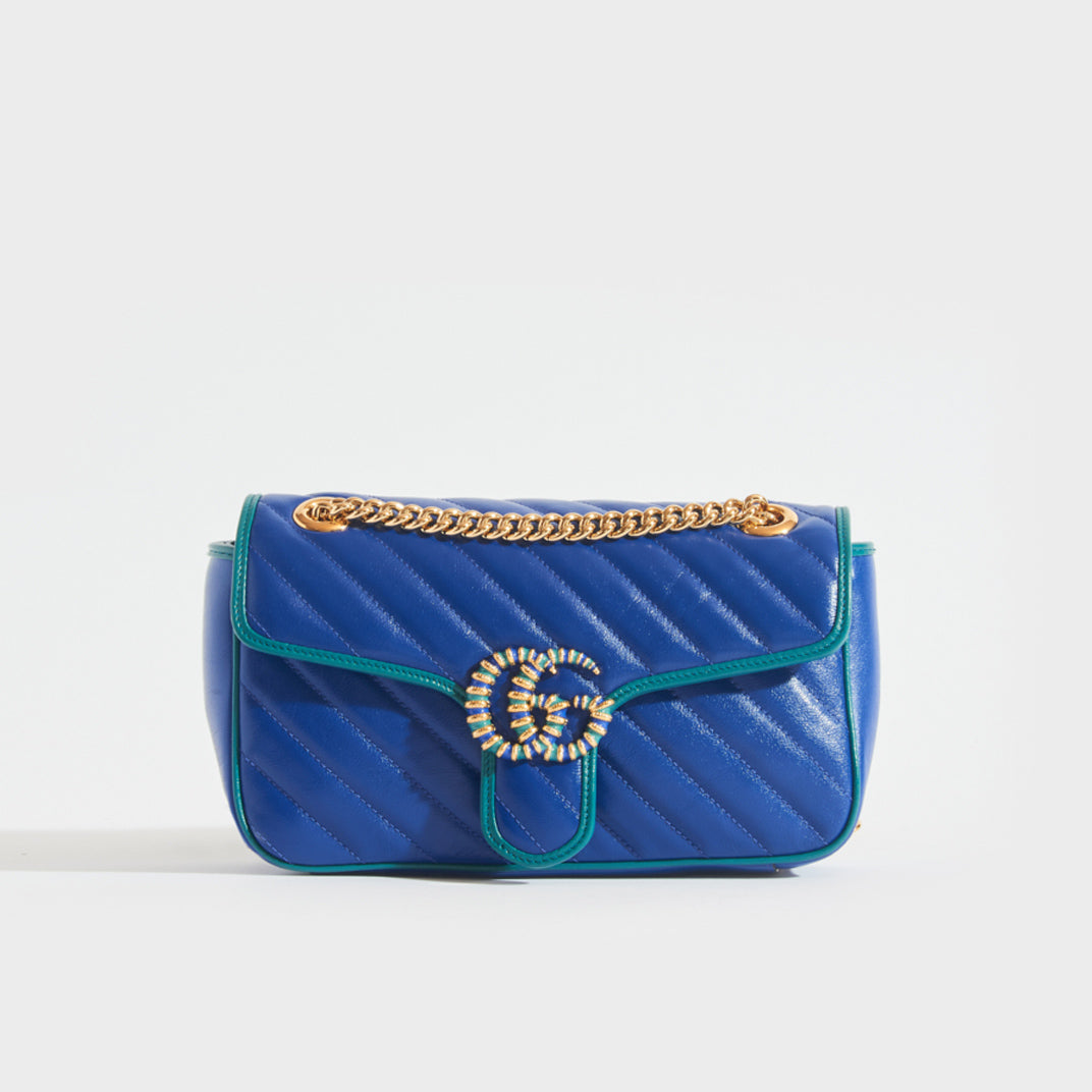Front view of Gucci GG Marmont Small Shoulder Bag in Blue Leather with Turquoise trim and gold chain strap