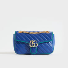 Load image into Gallery viewer, Front view of Gucci GG Marmont Small Shoulder Bag in Blue Leather with Turquoise trim and gold chain strap