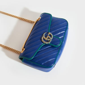 Top view of Gucci GG Marmont Small Shoulder Bag in Blue Leather with Turquoise trim and gold chain strap