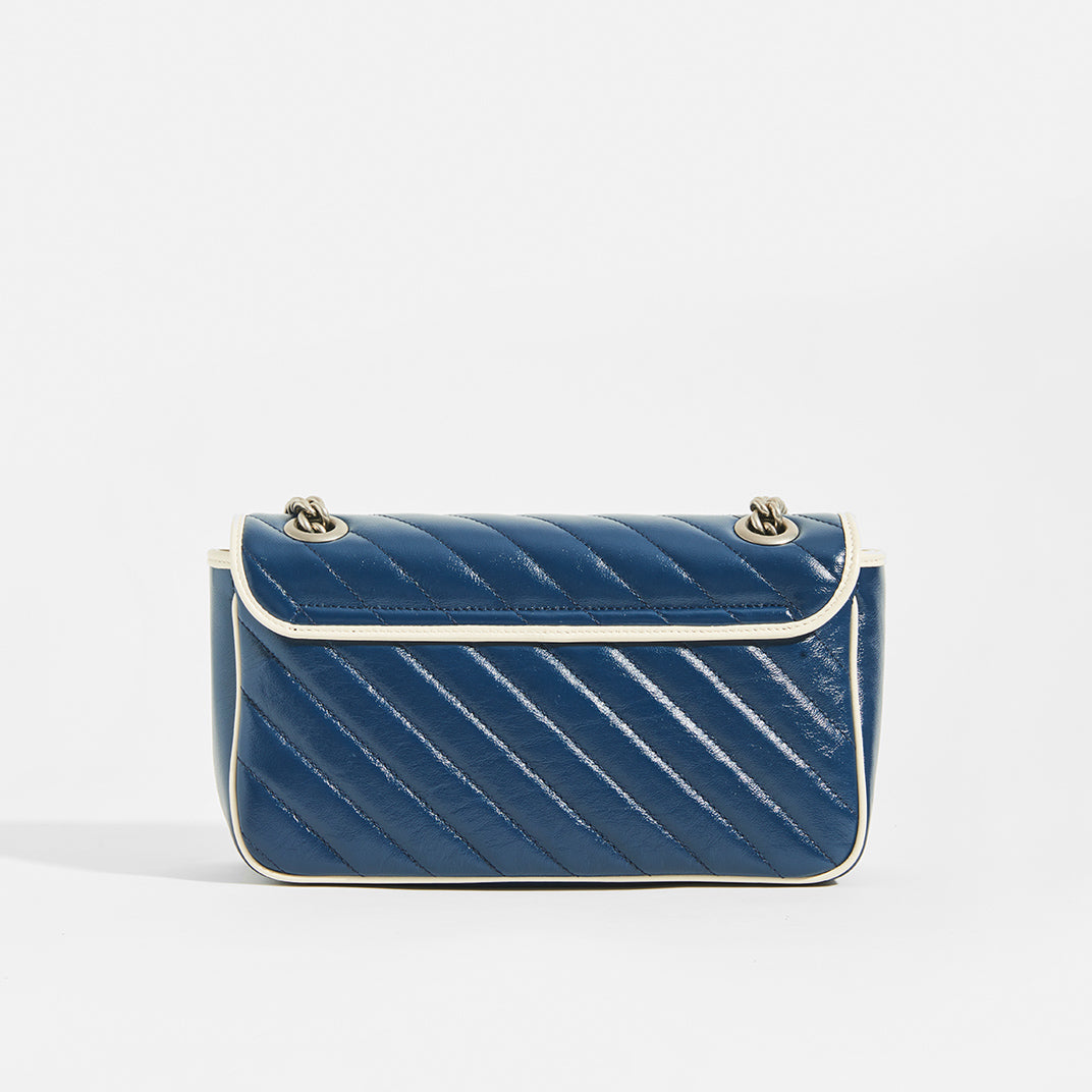 Back view of Gucci GG Marmont Small Shoulder Bag in Navy Matelasse Leather with White trim