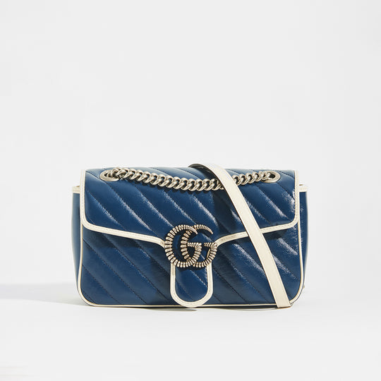Front view of Gucci GG Marmont Small Shoulder Bag in Navy Matelasse Leather with White trim