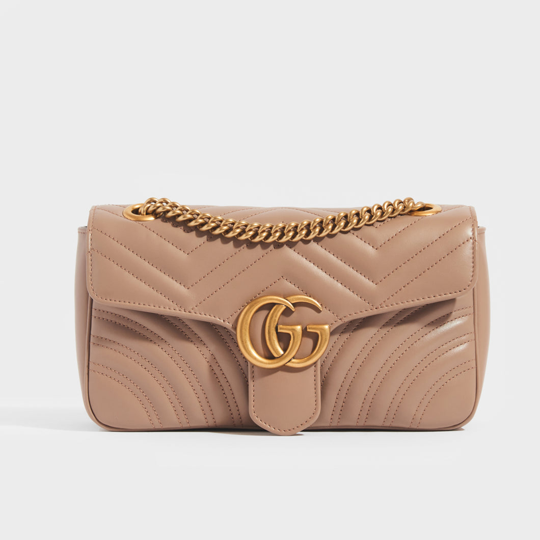 Front view of the GUCCI GG Marmont Small Shoulder Bag in Dusty Pink Leather