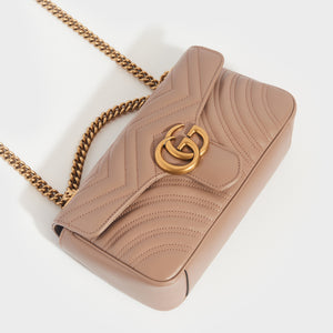 Top view of the GUCCI GG Marmont Small Shoulder Bag in Dusty Pink Leather