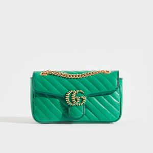 Front view of Gucci GG Marmont Small Shoulder Bag in Green Emerald Leather with Gold chain strap