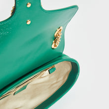 Load image into Gallery viewer, Inside view of Gucci GG Marmont Small Shoulder Bag in Green Emerald Leather with Gold chain strap