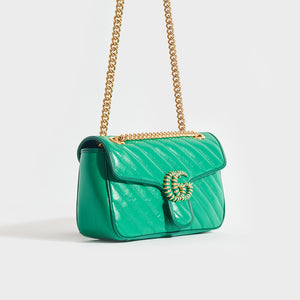 Side view of Gucci GG Marmont Small Shoulder Bag in Green Emerald Leather with Gold chain strap