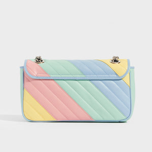 Back view of Gucci GG Marmont Small Shoulder Bag in Pink, Green, Yellow and Blue Pastel Striped Leather
