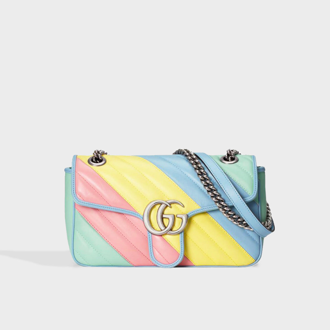 Front view of Gucci GG Marmont Small Shoulder Bag in Pink, Green, Yellow and Blue Pastel Striped Leather