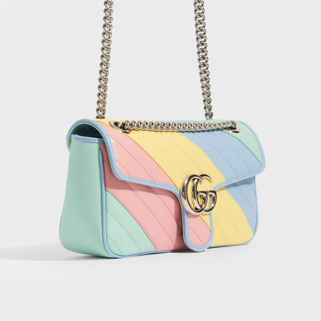 Side view of Gucci GG Marmont Small Shoulder Bag in Pink, Green, Yellow and Blue Pastel Striped Leather