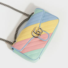 Load image into Gallery viewer, Top view of Gucci GG Marmont Small Shoulder Bag in Pink, Green, Yellow and Blue Pastel Striped Leather