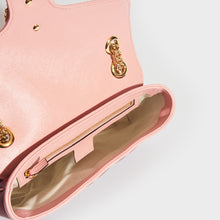 Load image into Gallery viewer, Inside view of Gucci GG Marmont Small Shoulder Bag in Red Leather with Pink Trim