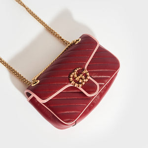 Top view of Gucci GG Marmont Small Shoulder Bag in Red Leather with Pink Trim