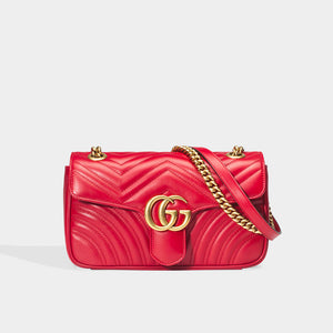 Front view of GG Marmont Small Shoulder Bag in Red Leather with gold chain strap