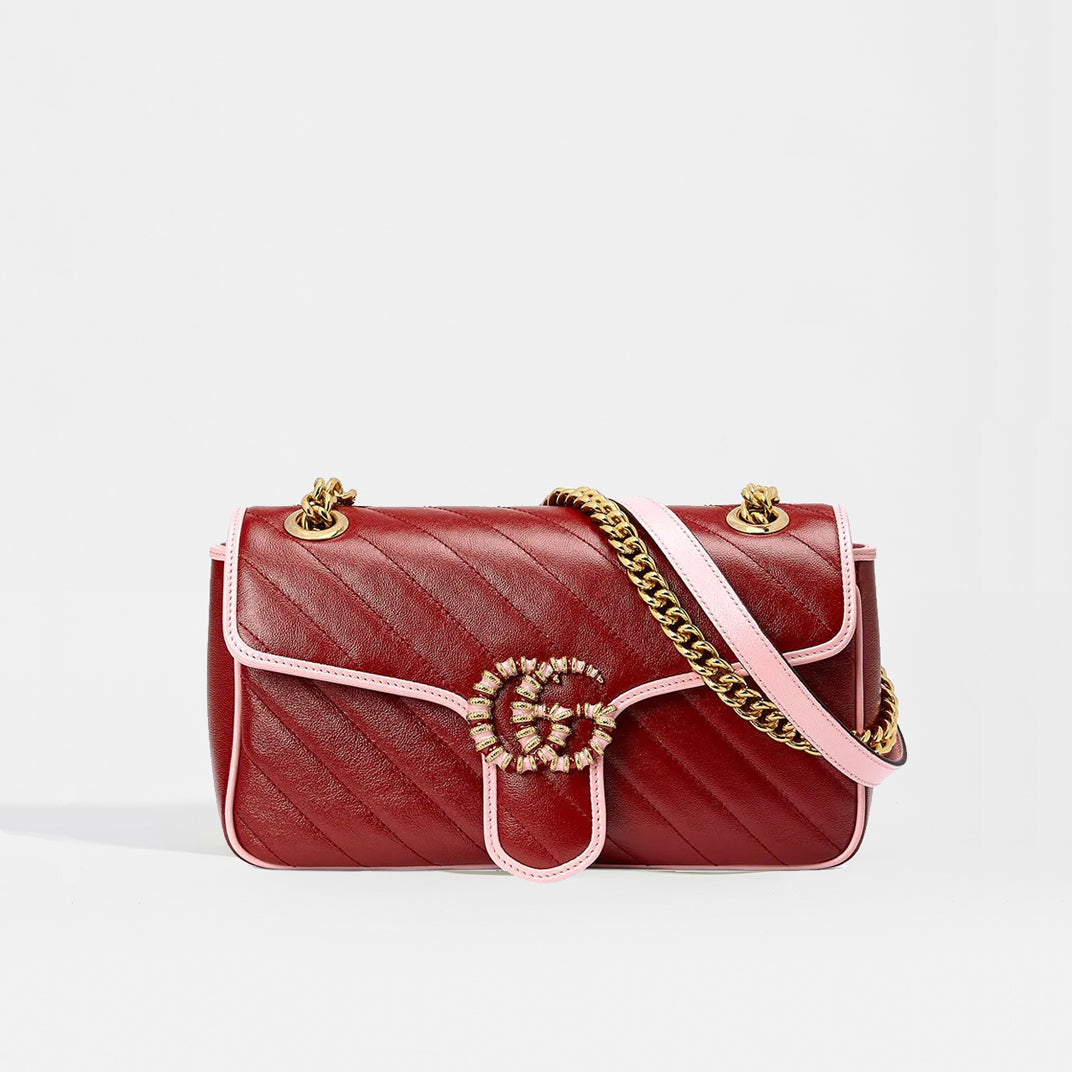 Front view of Gucci GG Marmont Small Shoulder Bag in Red Leather with Pink Trim