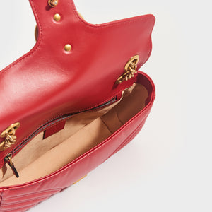Inside view of GG Marmont Small Shoulder Bag in Red Leather with gold chain strap
