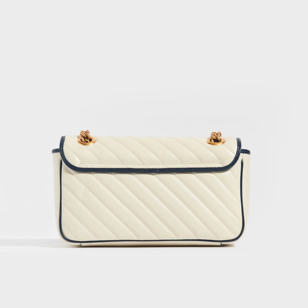 Back view of Gucci Marmont Small Shoulder Bag in White Leather with Navy Blue trim