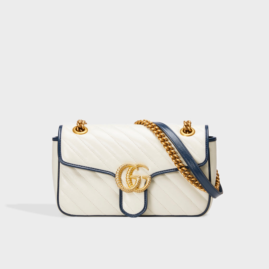 Front view of Gucci Marmont Small Shoulder Bag in White Leather with Navy Blue trim