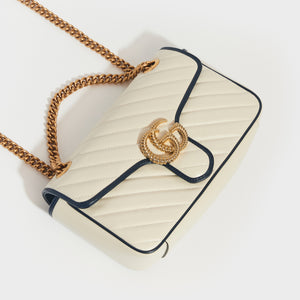 Front view of Gucci Marmont Small Shoulder Bag in White Leather with Navy Blue trim