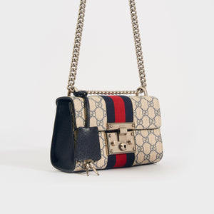 GUCCI GG Padlock Small Shoulder Bag in Beige and Blue GG Supreme Canvas