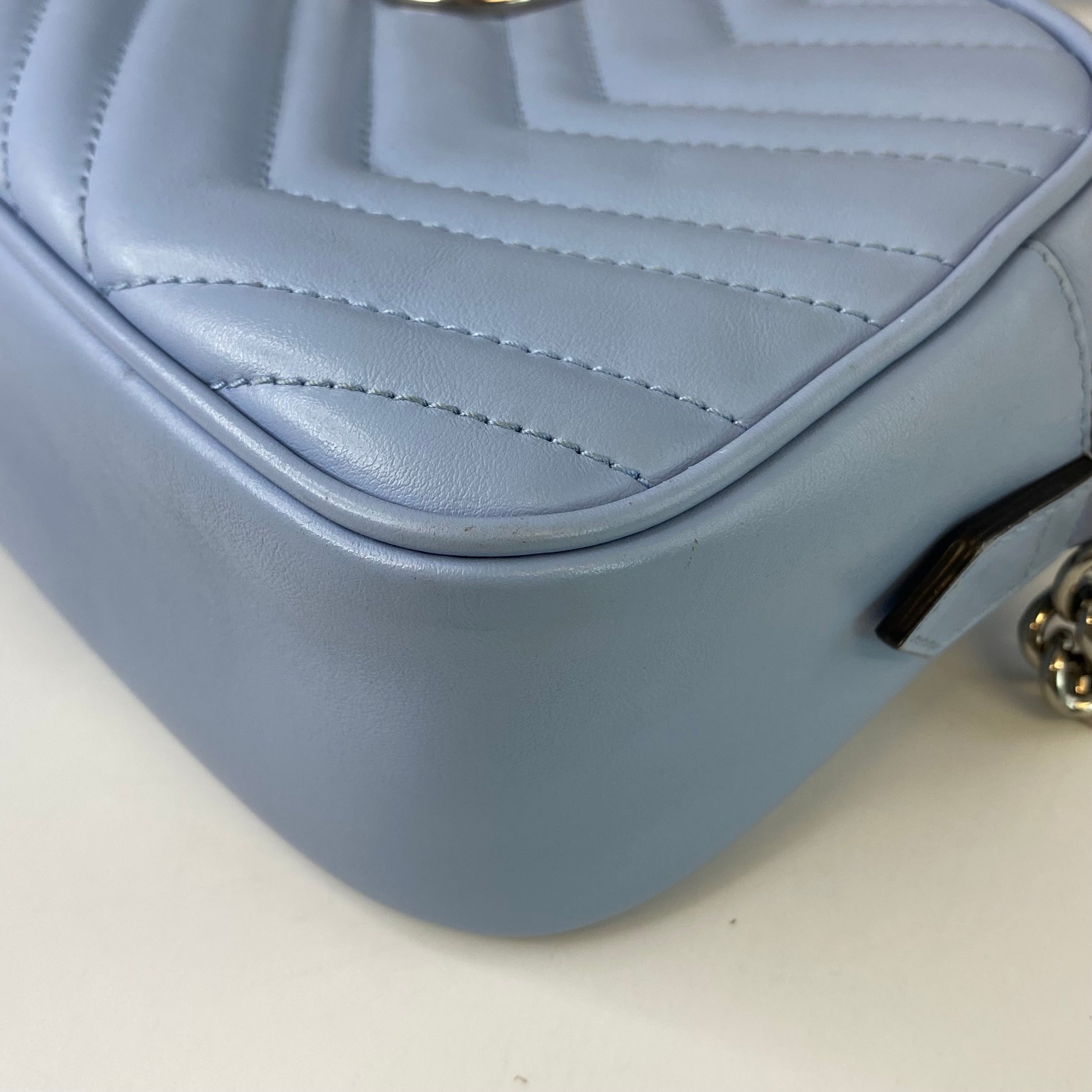 GUCCI GG Marmont Camera Bag in Pastel Blue Leather