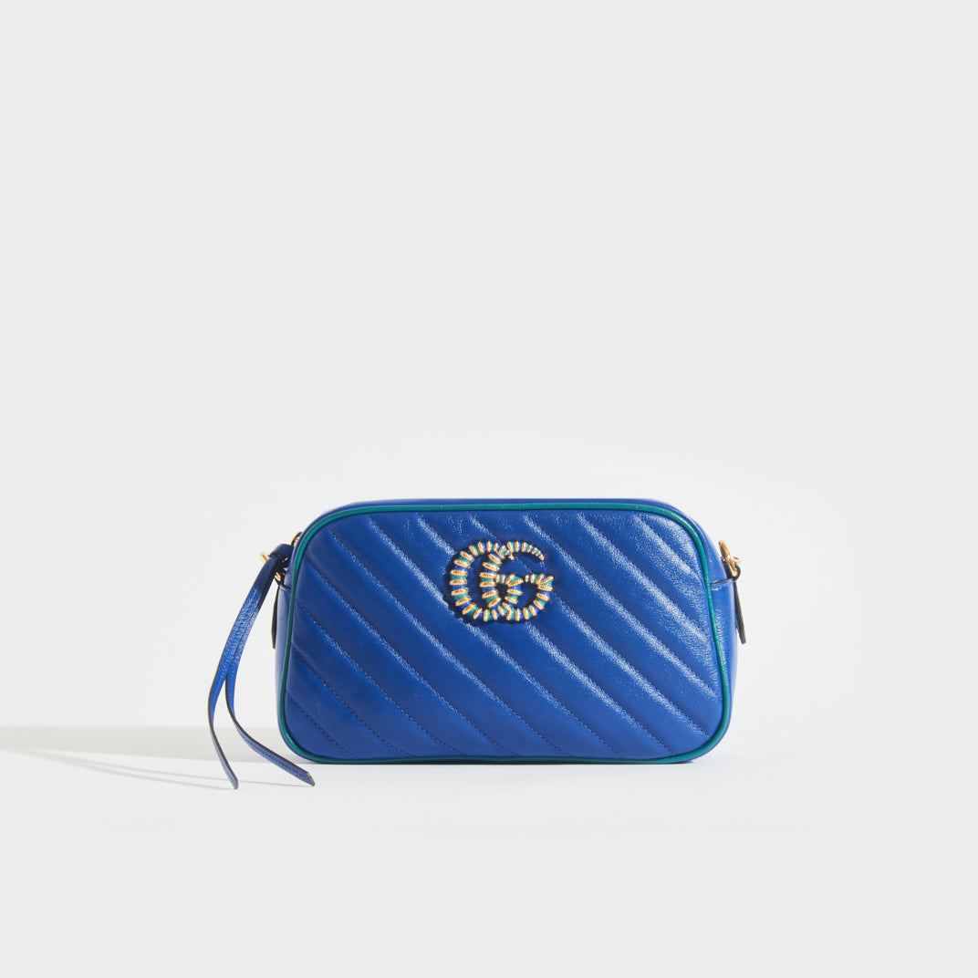 Authentic Gucci GG Marmont Matelassé Leather CrossBody Camera Bag 447632  Blue