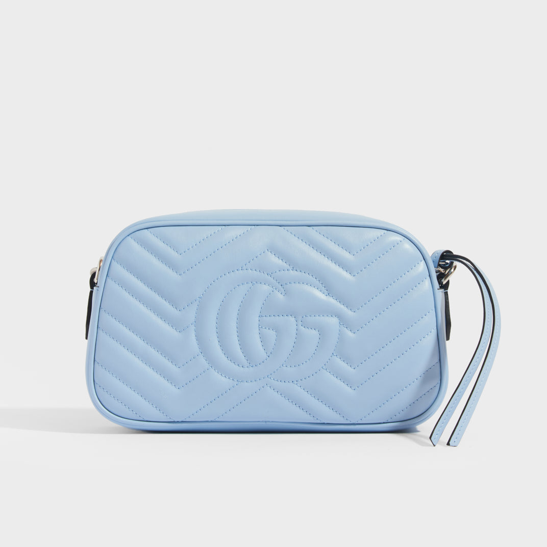 Back view of Gucci GG Marmont Small Shoulder Bag in Pastel Blue Leather