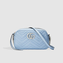 Load image into Gallery viewer, Front view of Gucci GG Marmont Small Shoulder Bag in Pastel Blue Leather