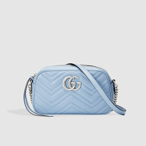 Front view of Gucci GG Marmont Small Shoulder Bag in Pastel Blue Leather