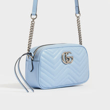Load image into Gallery viewer, Side view of Gucci GG Marmont Small Shoulder Bag in Pastel Blue Leather