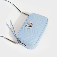 Load image into Gallery viewer, Top view of Gucci GG Marmont Small Shoulder Bag in Pastel Blue Leather