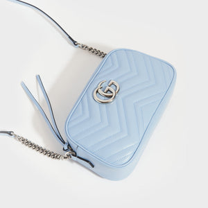 Top view of Gucci GG Marmont Small Shoulder Bag in Pastel Blue Leather