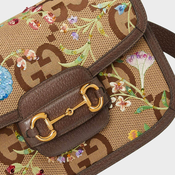 GUCCI Horsebit 1955 Jumbo GG Shoulder Bag in Camel and Ebony