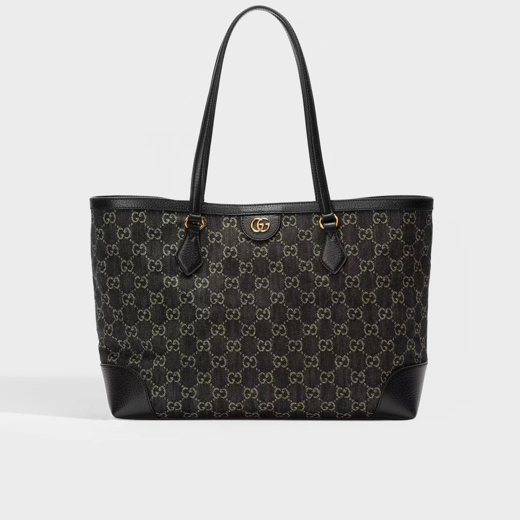 Ophidia GG Medium Tote in Black and Ivory Denim